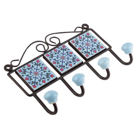 Turquoise And Red Tiny Flower Ceramic Tiles Hooks